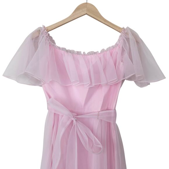 Vintage Pink Chiffon Ruffle Maxi Dress Sz S - Picture 2 of 7